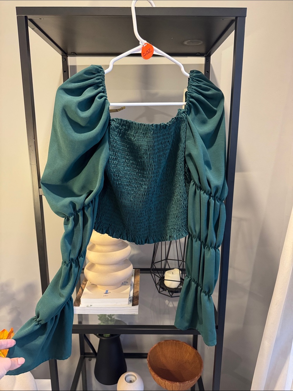 502.Smocked Puff-Sleeve Crop Top - Teal